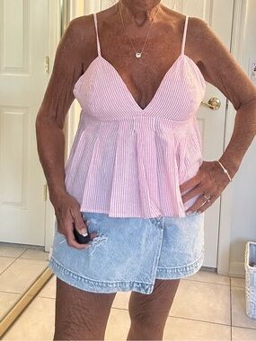 Japna Women's Pink Striped Spaghetti Strap Peplum Top Medium NWOT